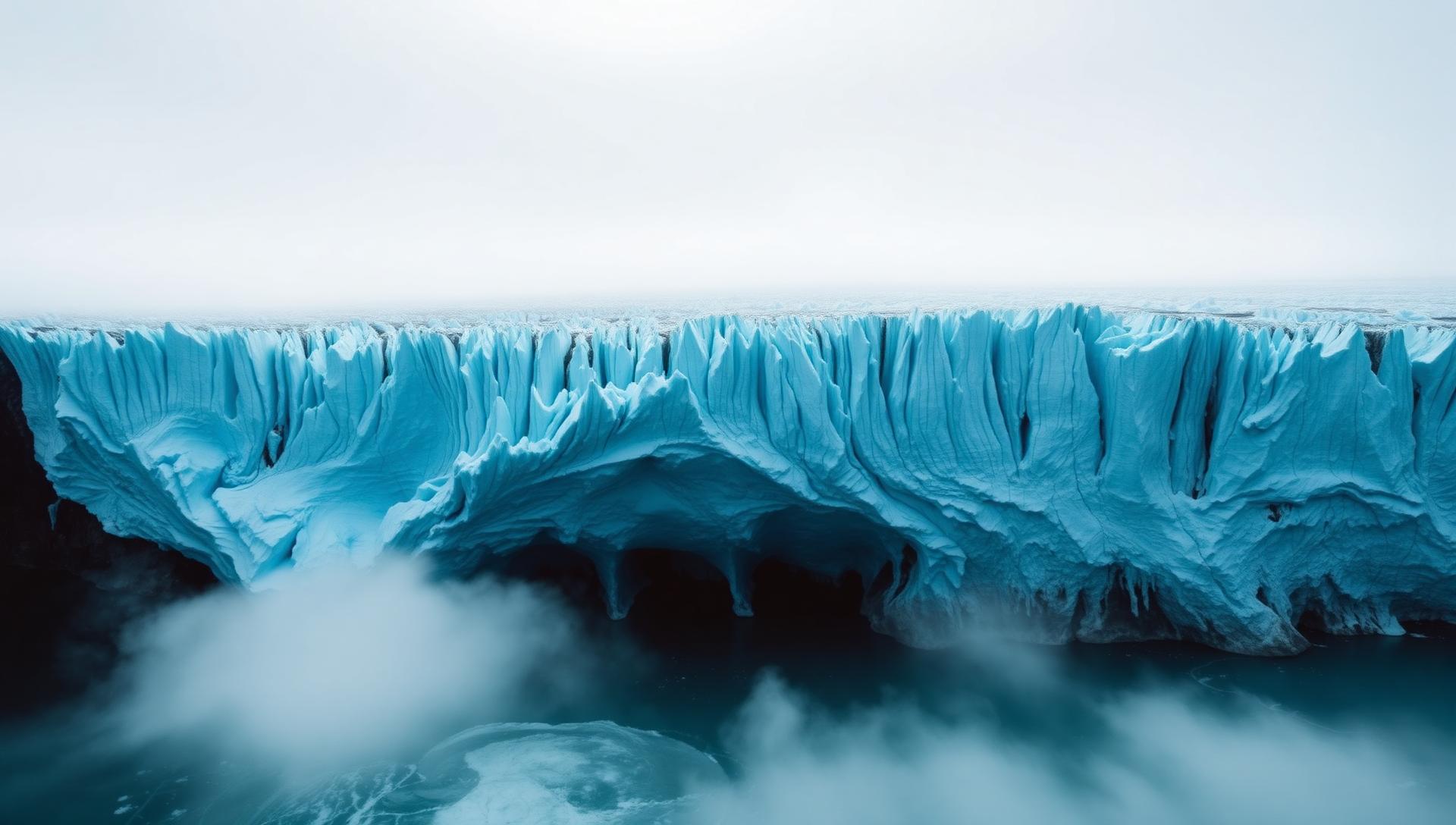 Aerial view of a vast blue Alaskan glacier breaking into icy water
