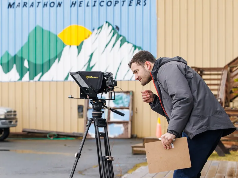 Martin Media professional teleprompter and camera cinema setup on Alaska shoot