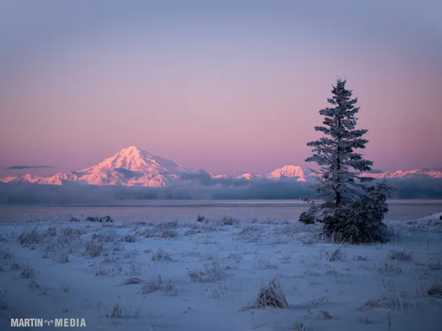 Mount Redoubt volcano coastal view across Cook Inlet Alaska