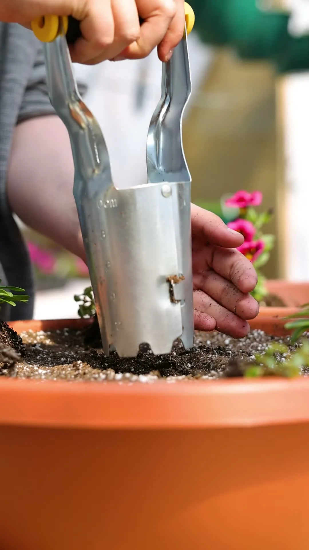 Planter tool preparing rich potting soil for fresh hanging flowers