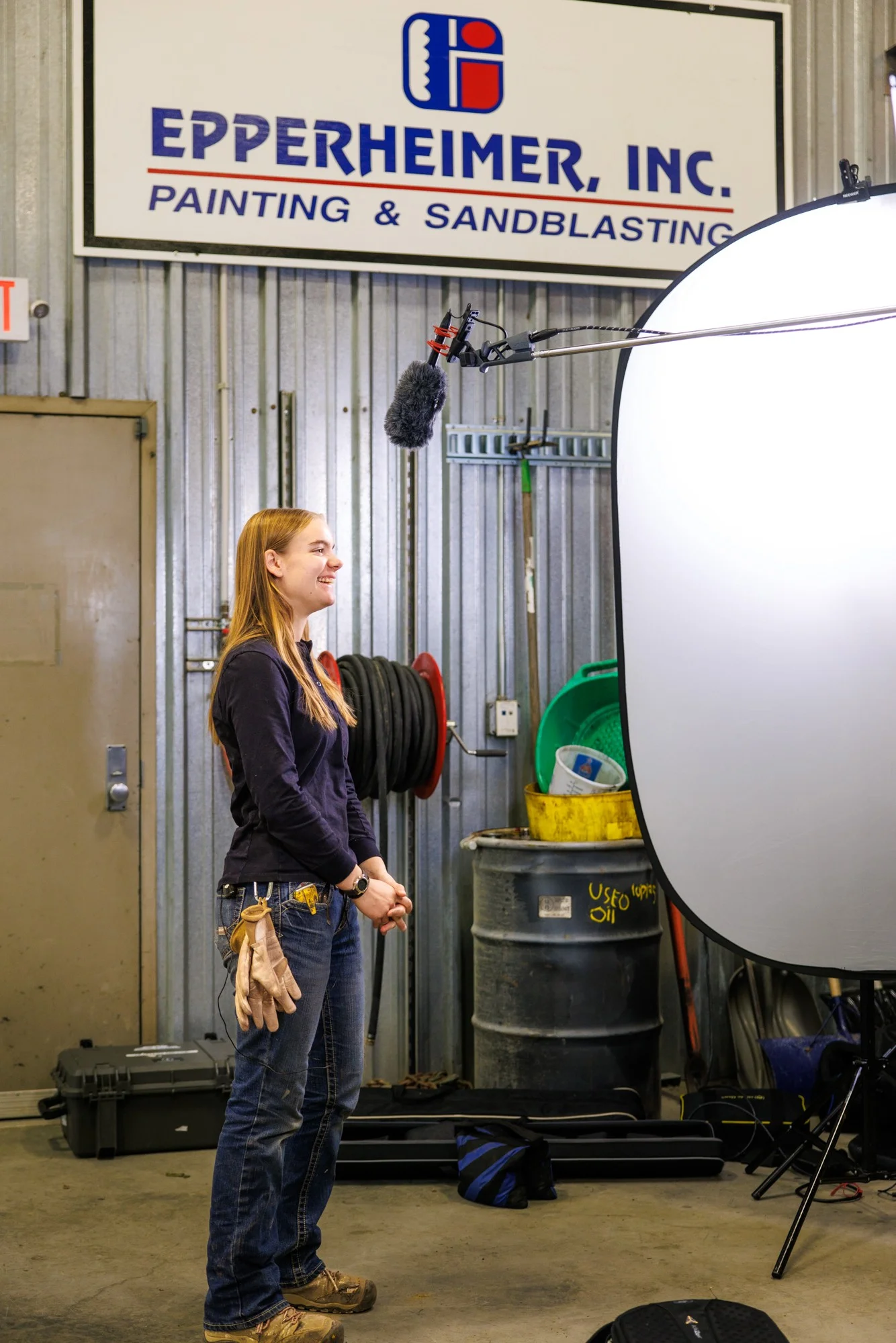 Martin Media interviewing industrial sandblasting craftsman on location with teleprompter