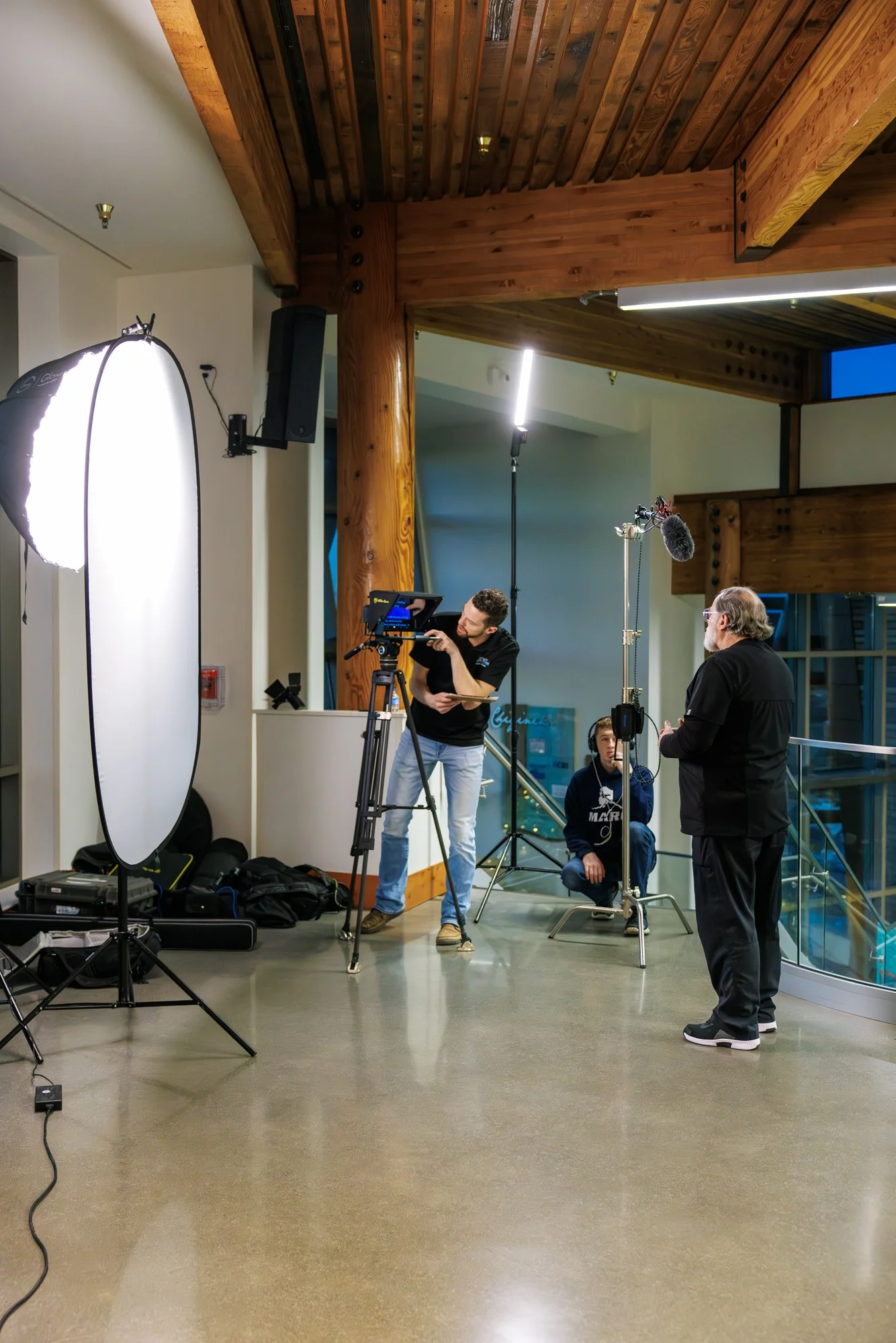 Martin Media multi-light teleprompter cinema setup inside timber executive lodge