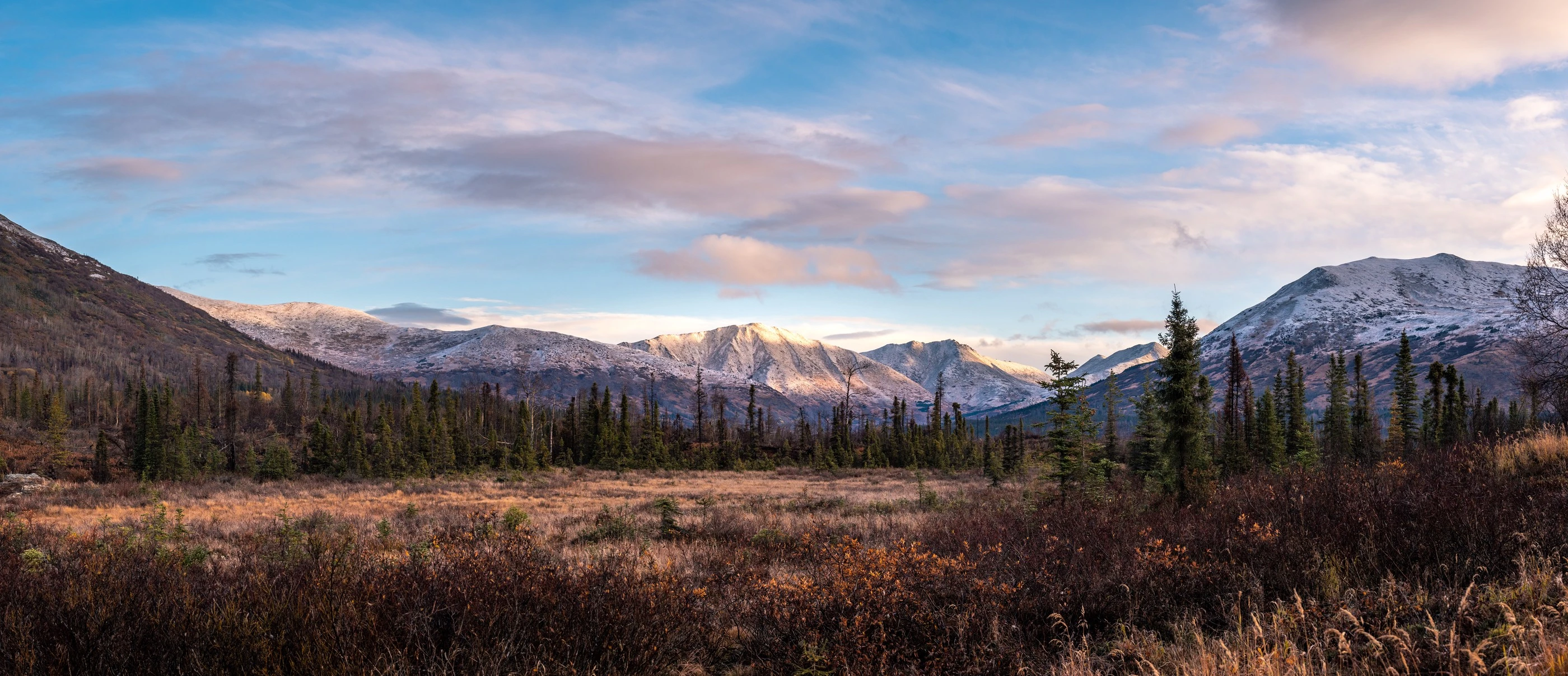 Panoramic view of remote Trout Lake Cabin wilderness retreat on Kenai Peninsula Alaska